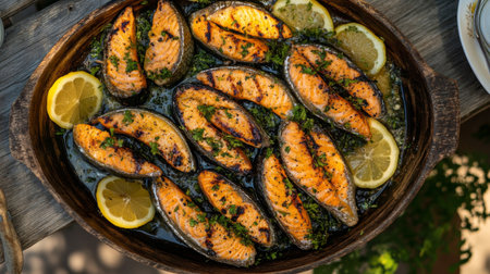 Juicy grilled salmon fillets garnished with fresh herbs and lemon slices, beautifully arranged for an inviting meal. Perfect for any dining occasion!の素材