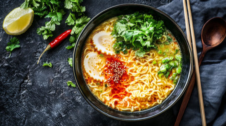 This vibrant bowl of spicy noodle soup is adorned with fresh cilantro, a wedge of lime, and chili, creating an inviting and flavorful meal.の素材