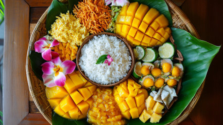 A vibrant fruit platter featuring mango, coconut rice, and tropical ingredients. Perfect for celebrations or showcasing summer flavors in a colorful arrangement.の素材
