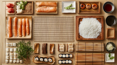 An assortment of fresh sushi ingredients displayed on a wooden table, featuring salmon, rice, seaweed, and edamame, ideal for culinary inspiration.の素材