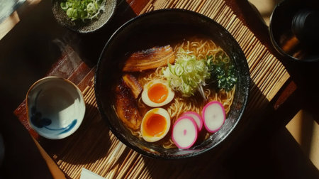 This vibrant ramen bowl features rich broth with noodles, tender meat, soft eggs, and colorful toppings. Perfect for food lovers and culinary enthusiasts.の素材