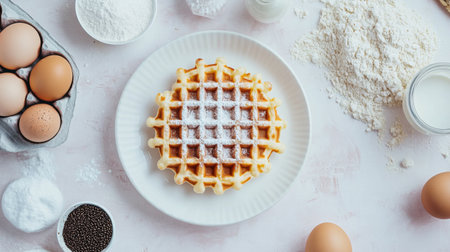 A delicious waffle garnished with powdered sugar, surrounded by fresh ingredients such as eggs, flour, and milk. Perfect for food photography.の素材