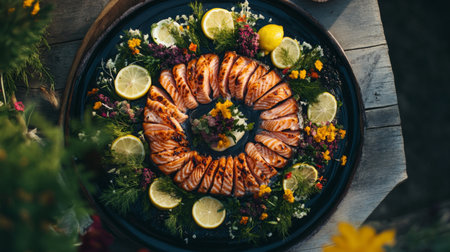 A beautifully arranged salmon platter featuring fresh slices garnished with herbs, citrus, and flowers, perfect for elegant dining experiences.の素材