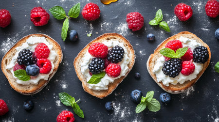 Enjoy a delightful arrangement of fresh berry toast topped with cream cheese and mint leaves. Perfect for breakfast or as a sweet snack.の素材