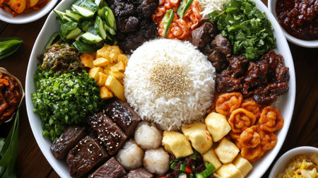 A colorful mixed cuisine platter featuring rice and a variety of dishes. Perfect for gatherings, showcasing fresh ingredients and traditional flavors.の素材
