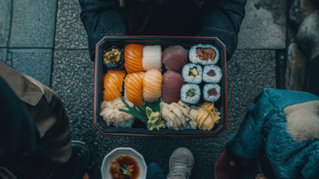 A vibrant assortment of sushi beautifully arranged on a black tray, showcasing various types and colors, perfect for a food lover's experience.の素材