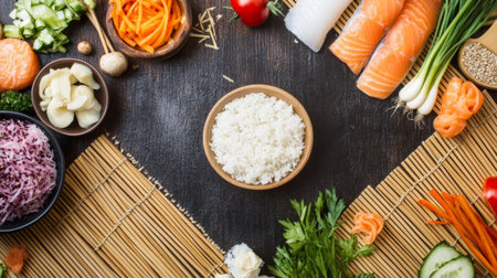 A vibrant arrangement of fresh ingredients showcases rice, salmon, and colorful vegetables, perfect for meal preparation and food photography.の素材