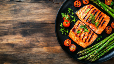A vibrant plate featuring grilled salmon, asparagus, and cherry tomatoes. Ideal for healthy meal inspiration, showcasing fresh flavors and colors.の素材