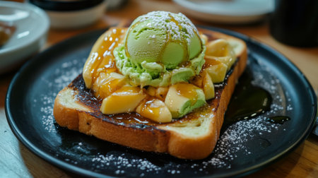 This mouthwatering toast features a scoop of green tea ice cream, topped with fresh fruits and drizzled with caramel sauce, perfect for brunch.の素材