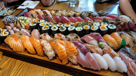 A vibrant sushi platter featuring a variety of fresh sushi and sashimi, perfect for sharing and enjoying authentic Japanese cuisine with friends.の素材
