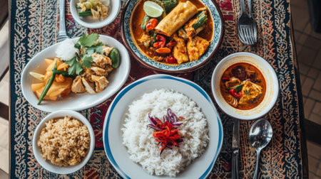 A vibrant spread of delicious Thai cuisine featuring rice, curry, grilled chicken, fresh herbs, and colorful vegetables, beautifully arranged on a table.の素材