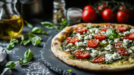 A freshly made pizza topped with ripe tomatoes and basil, laid on a rustic surface. Perfect for food lovers and cooking enthusiasts, capturing vibrant flavors.の素材
