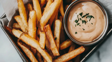 Enjoy a delicious serving of golden, crispy French fries paired with a rich dipping sauce. Perfect for lunch, dinner, or a quick snack.の素材