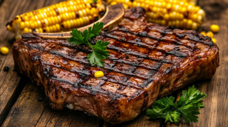 A succulent grilled steak served with fresh corn on a rustic wooden table, showcasing delicious textures and vibrant colors for a mouth-watering presentation.の素材