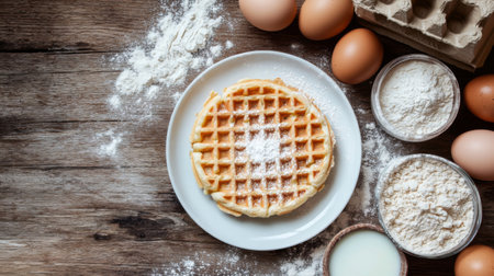 A delightful waffle sits on a white plate, surrounded by eggs, flour, and milk, showcasing a rustic kitchen setting perfect for breakfast.の素材