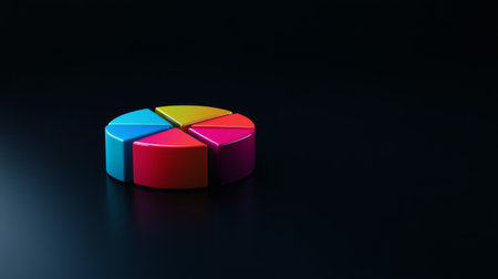 A vibrant, colorful pie chart sits in isolation against a dark background. Ideal for business presentations, graphic design projects, and visual analytics.の素材