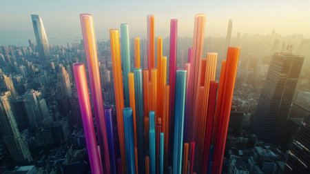 An aerial view of a vibrant city skyline featuring abstract colorful structures, blending urban elements with artistic creativity and innovation in design.の素材