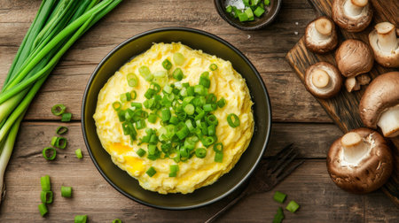 A delicious serving of creamy mashed potatoes topped with fresh green onions and mushrooms, perfect as a comforting side dish or main course option.の素材