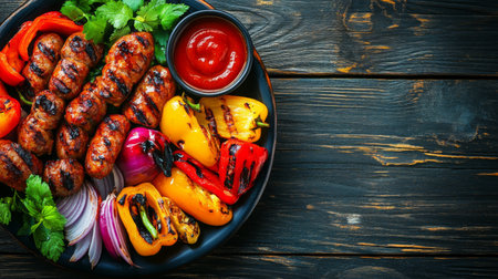 A vibrant platter featuring grilled sausages and assorted vegetables. Ideal for summer barbecues, this dish showcases fresh flavors and colorful presentation.の素材