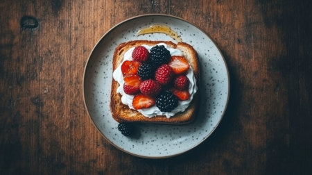 A delightful slice of toast topped with fresh berries and creamy frosting sits on a rustic wooden table, perfect for breakfast or brunch.の素材