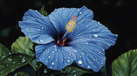 Captivating close-up of a blue hibiscus flower adorned with dew drops, showcasing its vibrant petals and lush green leaves. Perfect for nature-themed projects.の素材