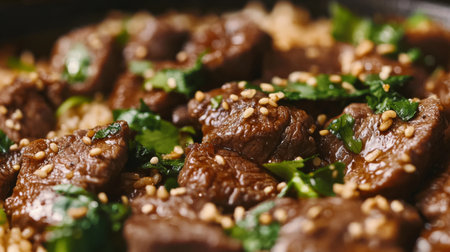 Close-up of a juicy beef dish garnished with fresh herbs and sesame seeds, showcasing rich flavors and tempting colors, perfect for a delicious meal.の素材