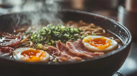 A vibrant bowl of ramen featuring tender noodles, rich broth, soft boiled eggs, and fresh scallions. Perfect for a comforting meal any time.の素材