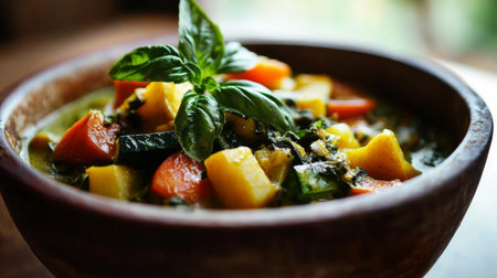 A vibrant bowl of vegetable soup featuring carrots, pumpkin, and greens, garnished with fresh basil. Perfect for healthy eating and seasonal enjoyment.の素材