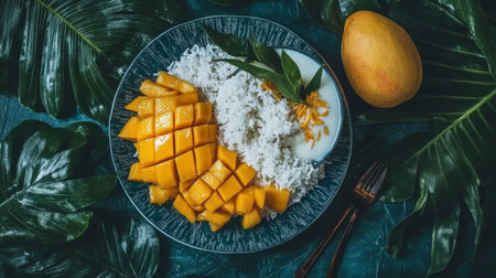 Delight in a vibrant dessert featuring ripe mango slices and fluffy rice, beautifully presented with tropical leaves. A perfect summer treat!の素材