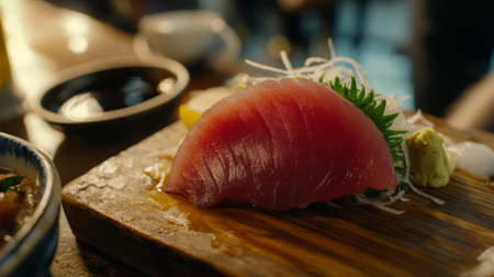 An elegant slice of fresh tuna beautifully presented on a wooden board, ideal for showcasing gourmet sushi in a vibrant dining experience.の素材