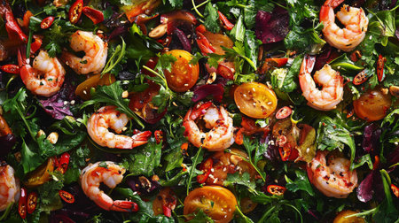 A vibrant and colorful shrimp salad featuring fresh greens, juicy tomatoes, and spicy peppers, perfect for a healthy meal or special occasion.の素材