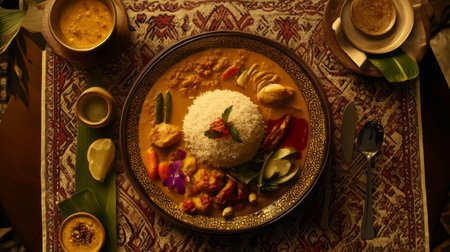 A beautifully arranged plate featuring rice, curry sauce, and colorful vegetables, perfect for showcasing cultural cuisine and vibrant flavors.の素材