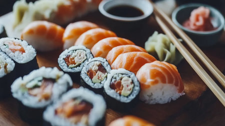 A vibrant display of fresh sushi on a wooden platter, featuring various sushi rolls and slices of salmon. Perfect for food lovers and culinary photography.の素材