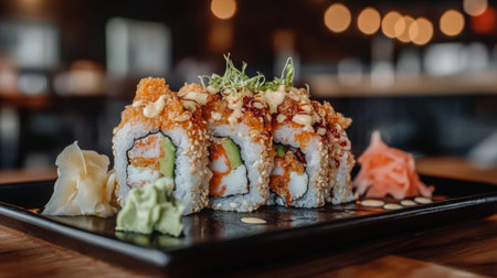 A delicious sushi roll presented on a black plate, featuring fresh ingredients, wasabi, and ginger. Perfect for showcasing modern Japanese cuisine.の素材