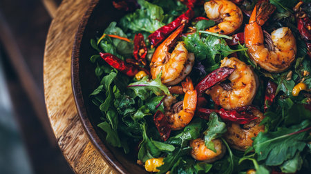 A colorful shrimp salad featuring fresh greens and spicy red chili. Perfect for a healthy meal, this dish combines vibrant flavors and textures.の素材
