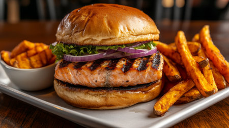 A mouthwatering grilled salmon burger topped with fresh lettuce and onion, served alongside crispy sweet potato fries. Perfect for any meal.の素材