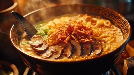 A steaming bowl of ramen featuring rich broth, tender noodles, and savory toppings, perfect for showcasing Japanese cuisine and comfort food.の素材