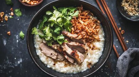Indulge in this inviting bowl of rice porridge topped with tender meat and fresh herbs. A perfect blend of savory flavors and comforting texture.の素材