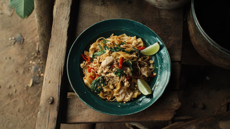 A vibrant plate of chicken noodles garnished with herbs and lime, showcasing delicious flavors and fresh ingredients. Perfect for food enthusiasts.の素材