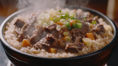 A mouthwatering steaming bowl of beef rice with fresh vegetables, perfect for a comforting meal. Ideal for food lovers and culinary enthusiasts.の素材