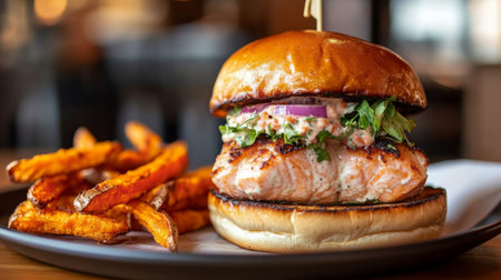 A mouthwatering salmon burger topped with fresh lettuce and onion, served alongside crispy sweet potato fries, perfect for any meal of the day.の素材