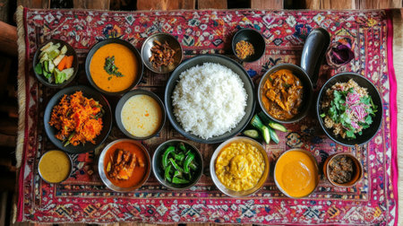 A vibrant assortment of traditional dishes displayed on a beautifully patterned table. This meal features rice, curries, lentils, and fresh vegetables, showcasing culinary diversity and rich flavors.の素材