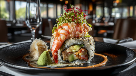 A stunning sushi roll featuring shrimp and avocado, artfully presented on a black plate. Ideal for showcasing gourmet dining experiences in restaurant settings.の素材