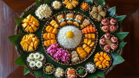 A vibrant display of fresh fruits and desserts arranged artistically on a platter. The feast includes tropical fruits like mango and coconut, enhancing any gathering.の素材