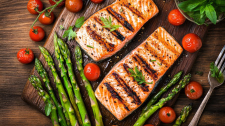 A beautifully arranged platter of grilled salmon with asparagus and cherry tomatoes, showcasing healthy cooking and vibrant colors perfect for a summer meal.の素材