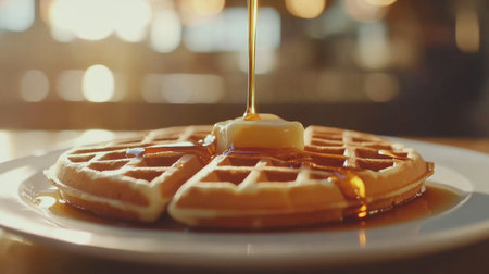 Tempting golden waffles drizzled with syrup and topped with butter, perfect for a delightful breakfast or brunch experience. Enjoy this delicious treat!の素材