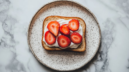 A delicious slice of toast topped with fresh strawberries and cream, presented on a rustic plate. Perfect for breakfast or a light snack. Enjoy the vibrant colors and healthy ingredients.の素材