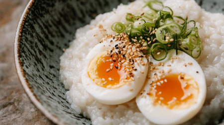 A cozy bowl of creamy rice topped with soft eggs, green onions, and sesame seeds. Perfect for a comforting meal any time of day. Enjoy the rich flavors!の素材