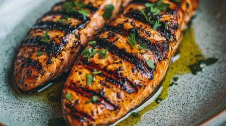 Succulent grilled salmon fillets served on a plate with fresh herbs, drizzled in olive oil. Ideal for showcasing healthy and gourmet meal options.の素材