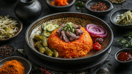 A vibrant plate of savory rice topped with spices, tender meat, and fresh vegetables, beautifully arranged for an appetizing dining experience.の素材